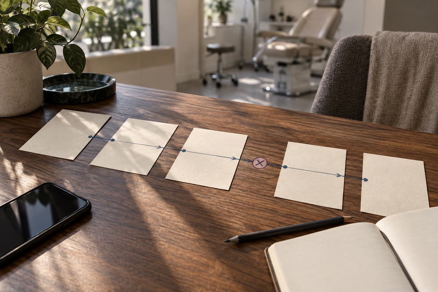 An anonymized paper workflow map with one marked gap on a clinic coordinator's desk.