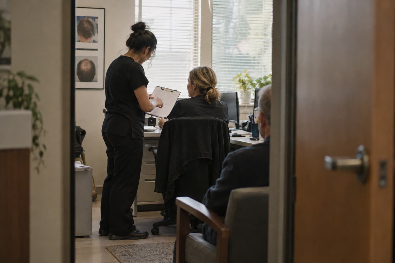 A clinic coordinator reviews a consultation form with a patient in a hair restoration clinic.